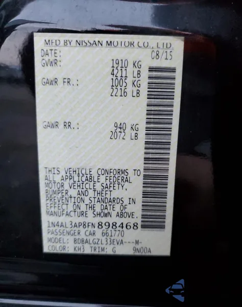 2015 Nissan Altima 2.5 from USA, damaged, VIN 1N4AL3AP8FN898468